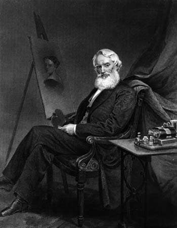 Samuel F.B.Morse cu un model de telegraf, gravură